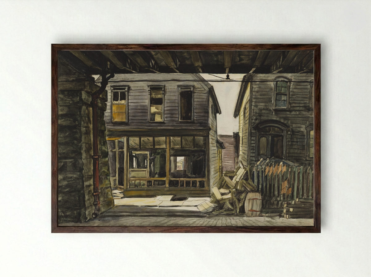 Two Houses under a Viaduct - Charles E. Burchfield - Framed Print Dark Wood