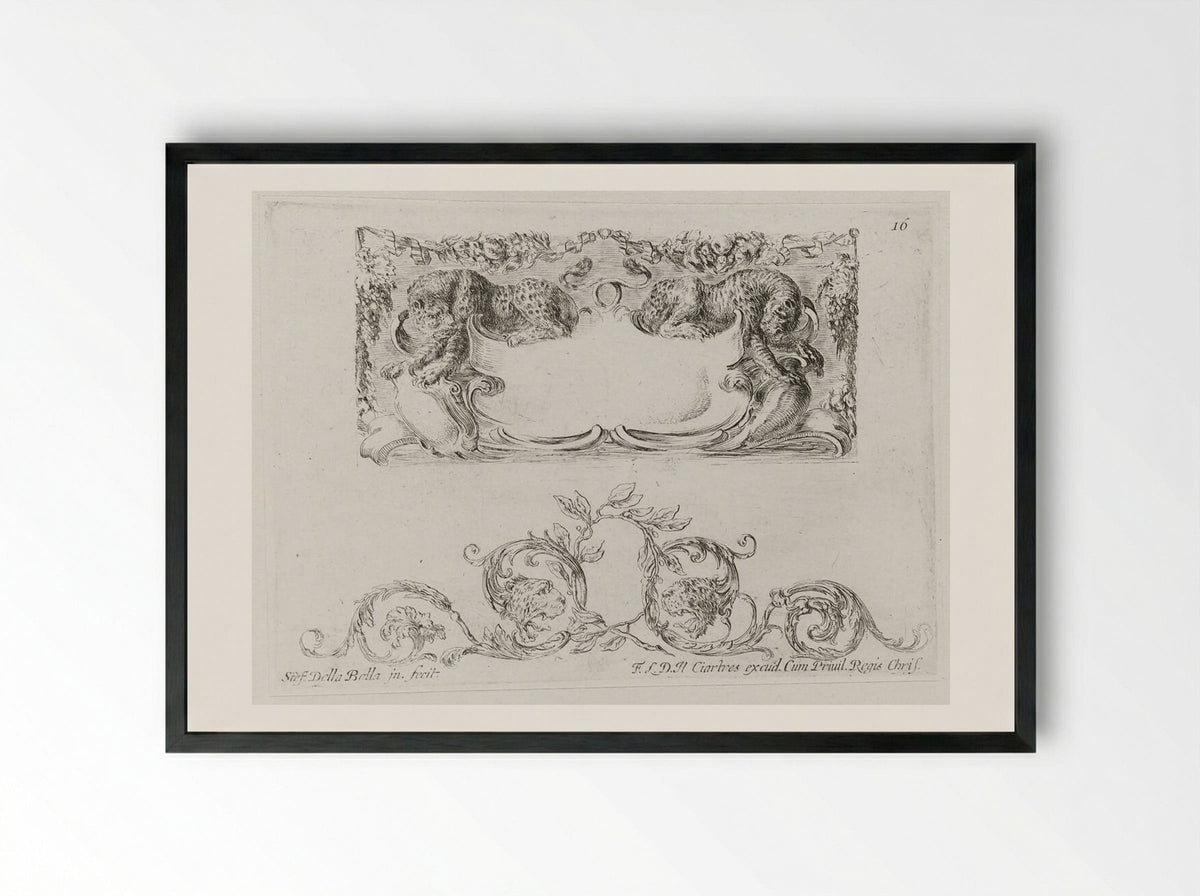 Two Leopards, Rinceau with Leopard Heads Below - Stefano Della Bella - Framed Print Black