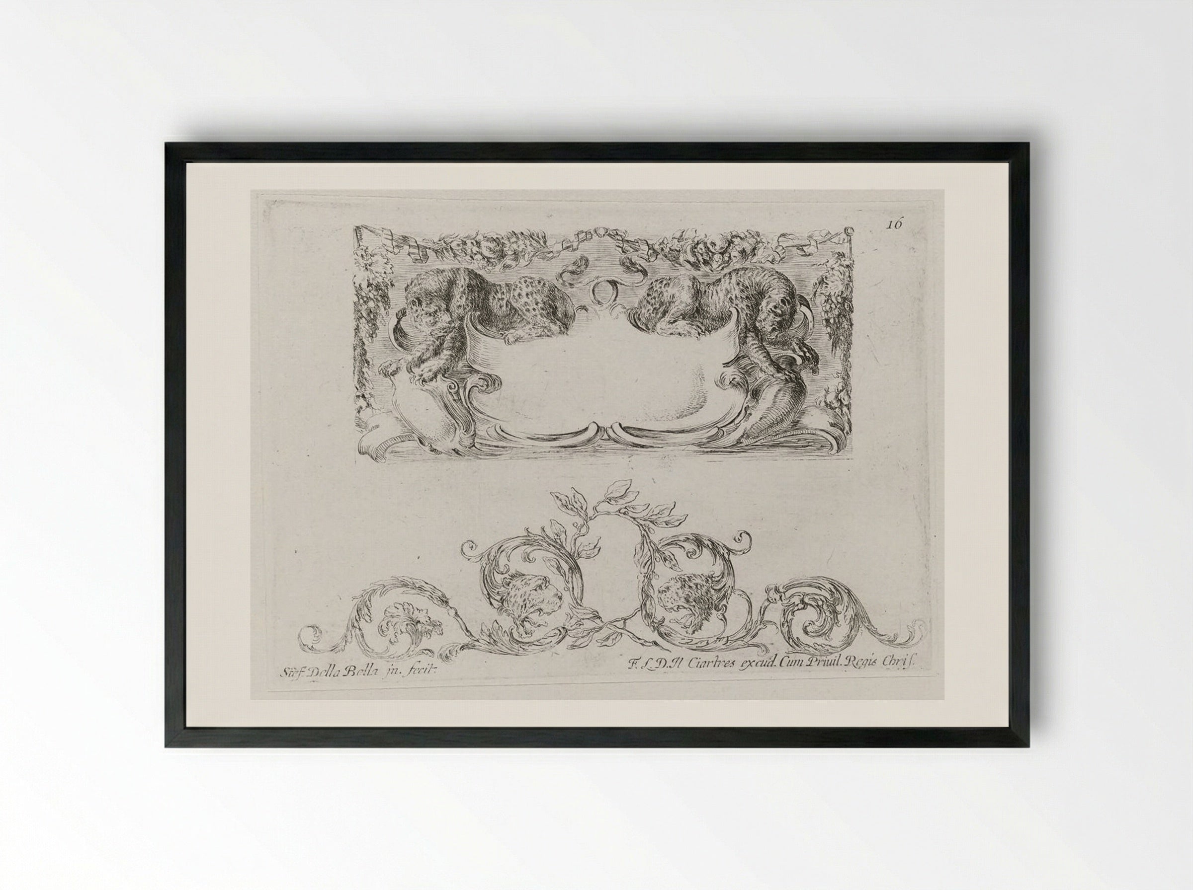 Two Leopards, Rinceau with Leopard Heads Below - Stefano Della Bella - Framed Print Black