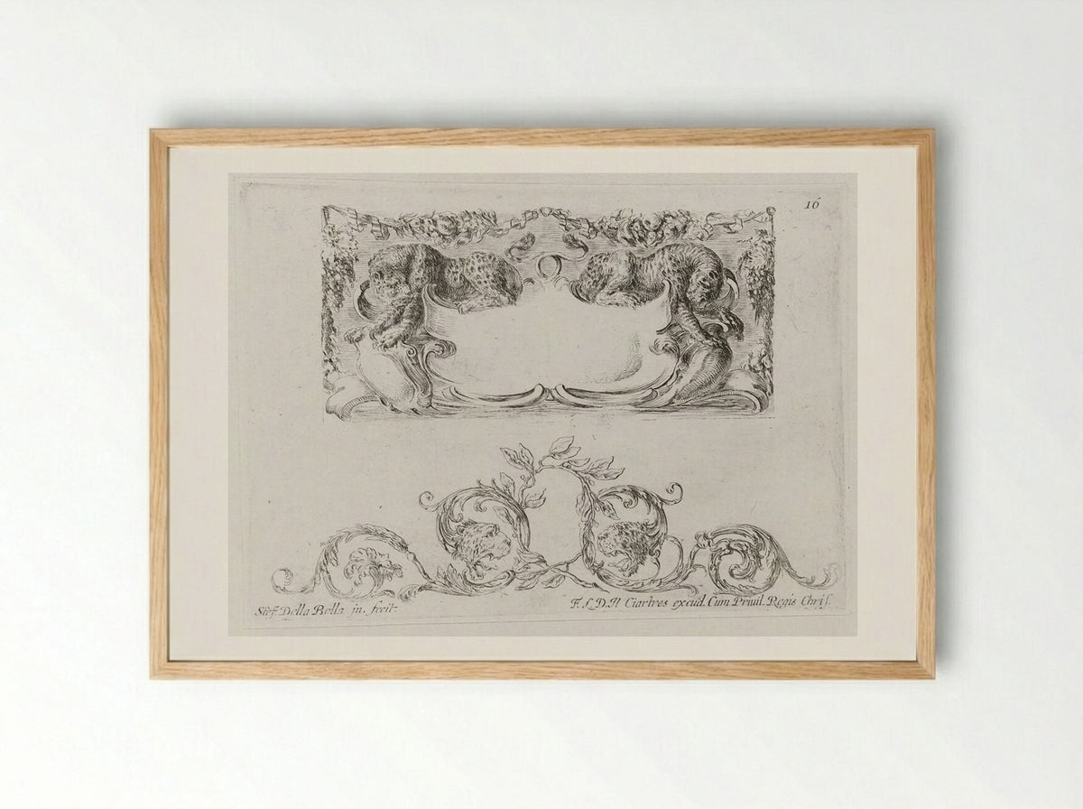 Two Leopards, Rinceau with Leopard Heads Below - Stefano Della Bella - Framed Print Wood