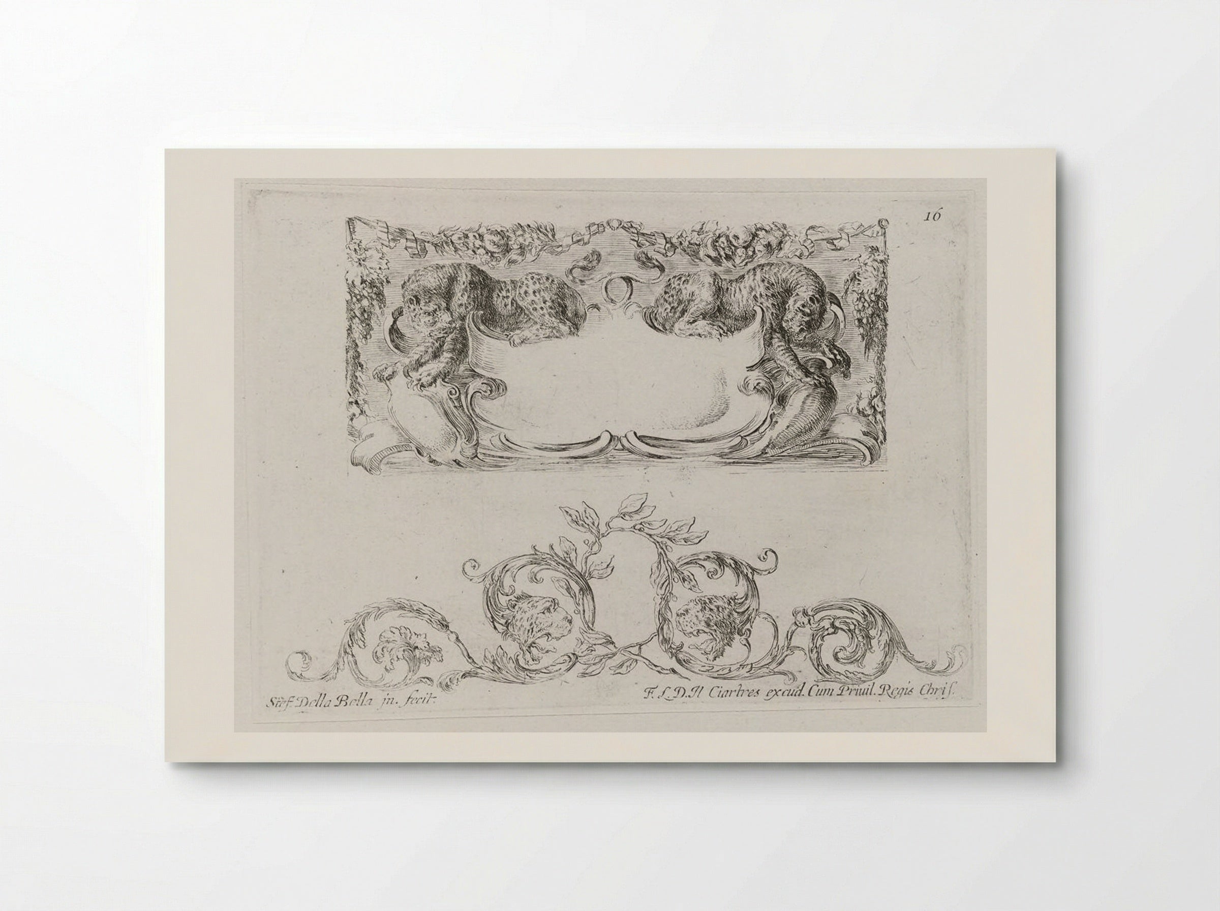 Two Leopards, Rinceau with Leopard Heads Below - Stefano Della Bella - Poster