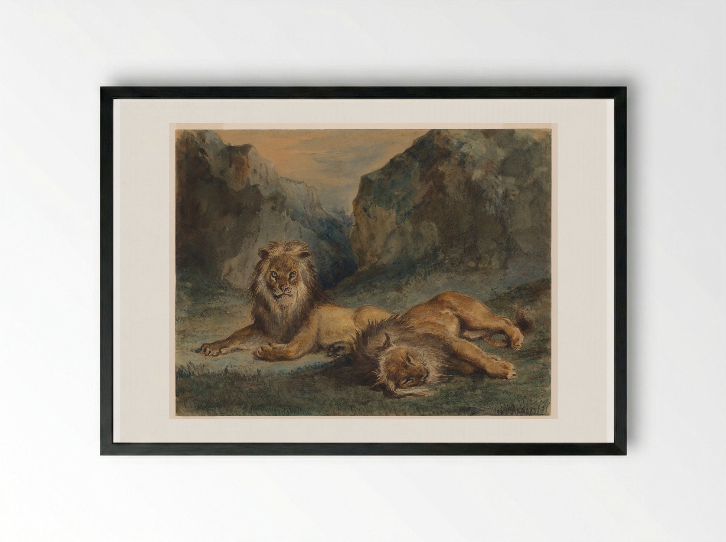 Two Lions Resting - Ferdinand-Victor-Eugène Delacroix - Framed Print Black