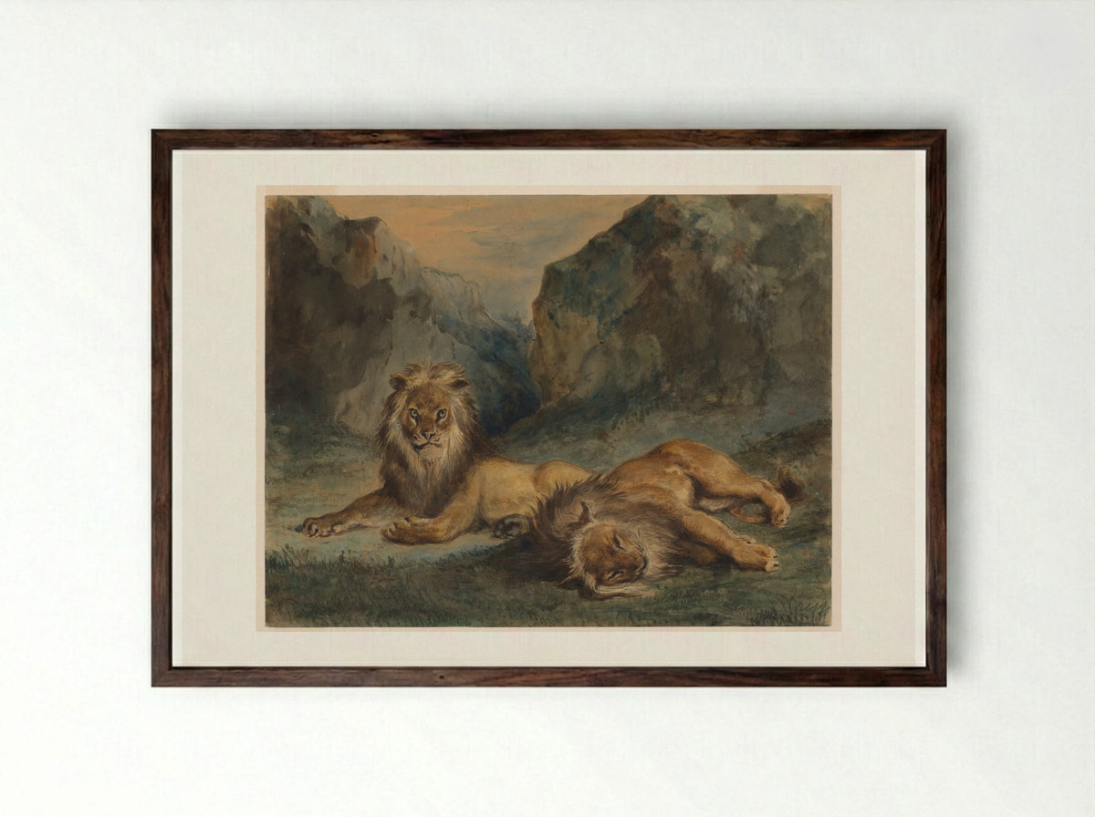Two Lions Resting - Ferdinand-Victor-Eugène Delacroix - Framed Print Dark Wood