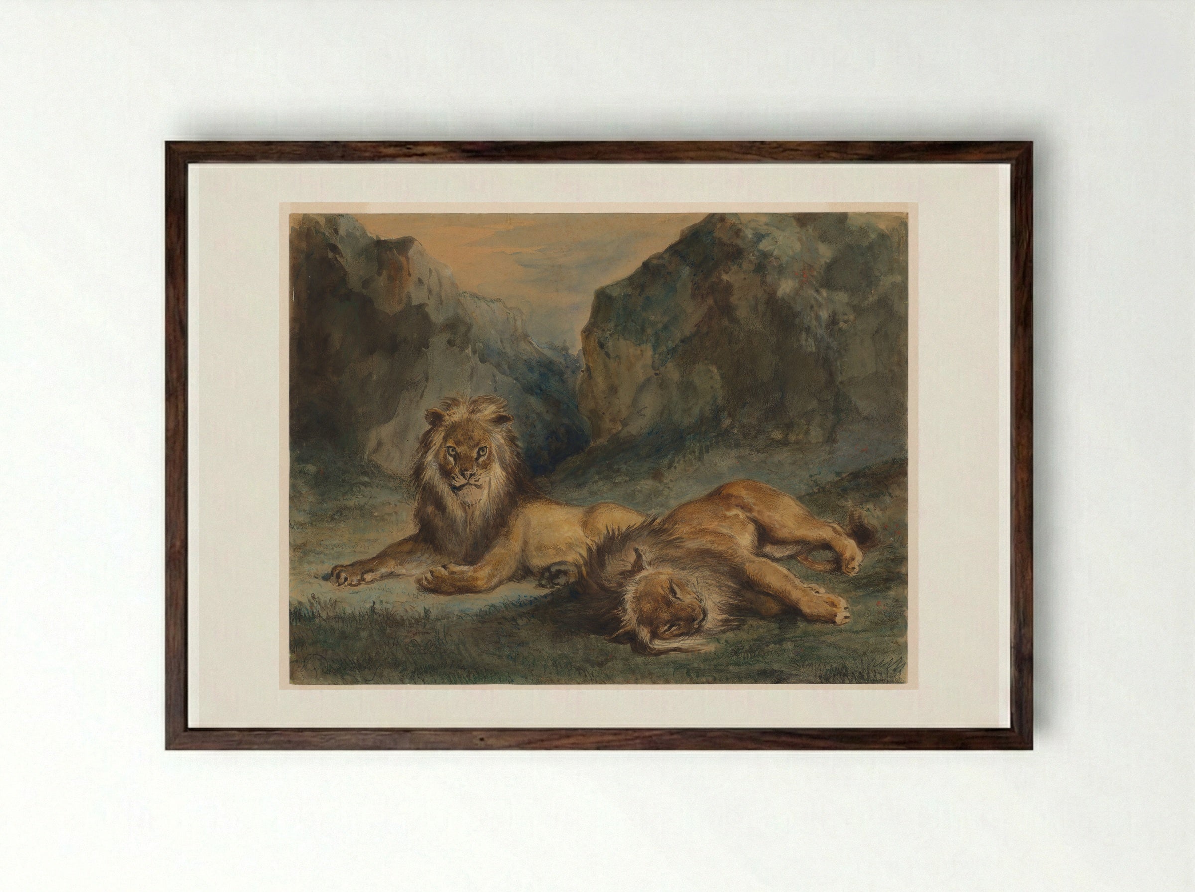 Two Lions Resting - Ferdinand-Victor-Eugène Delacroix - Framed Print Dark Wood