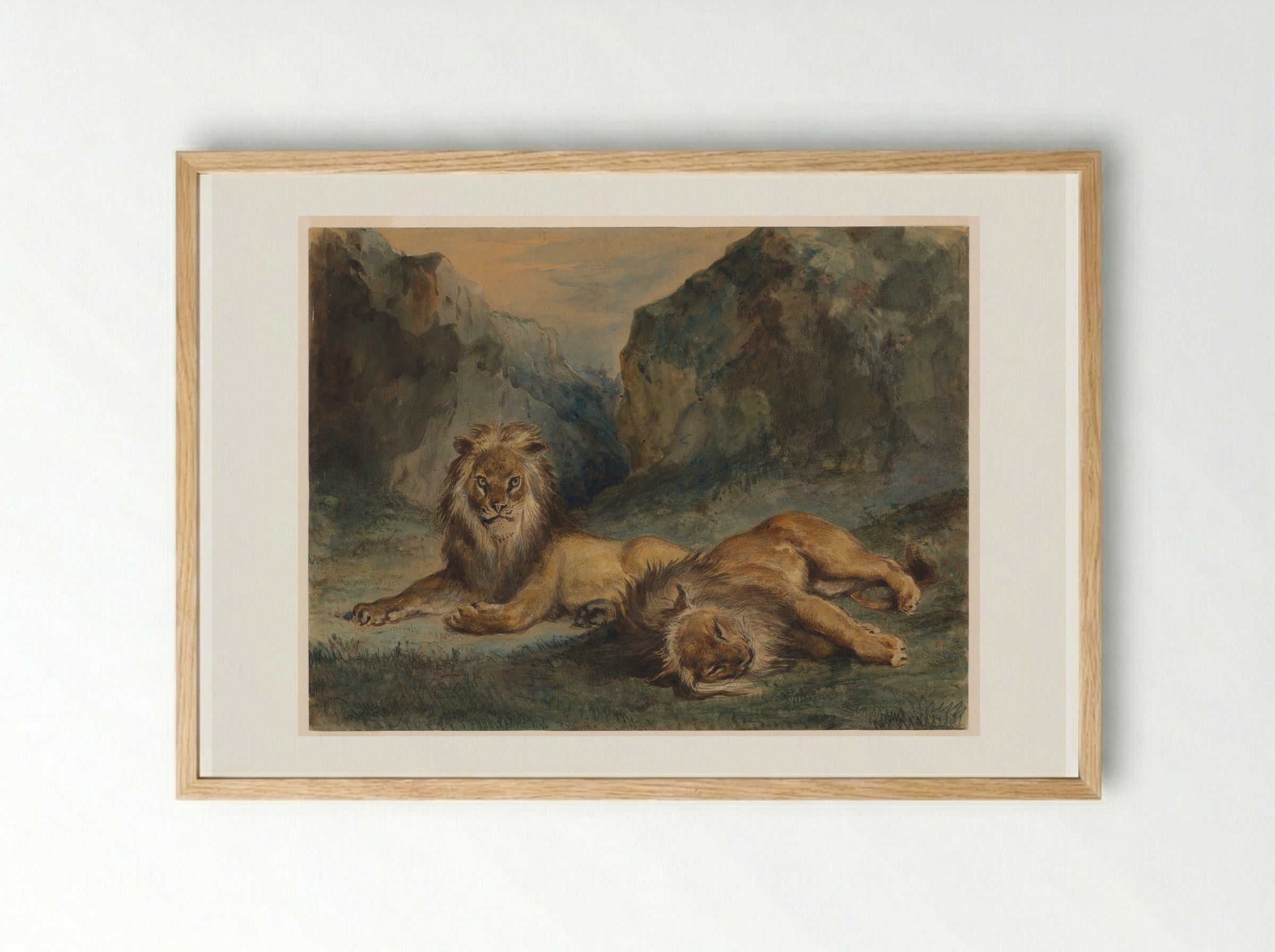 Two Lions Resting - Ferdinand-Victor-Eugène Delacroix - Framed Print Wood