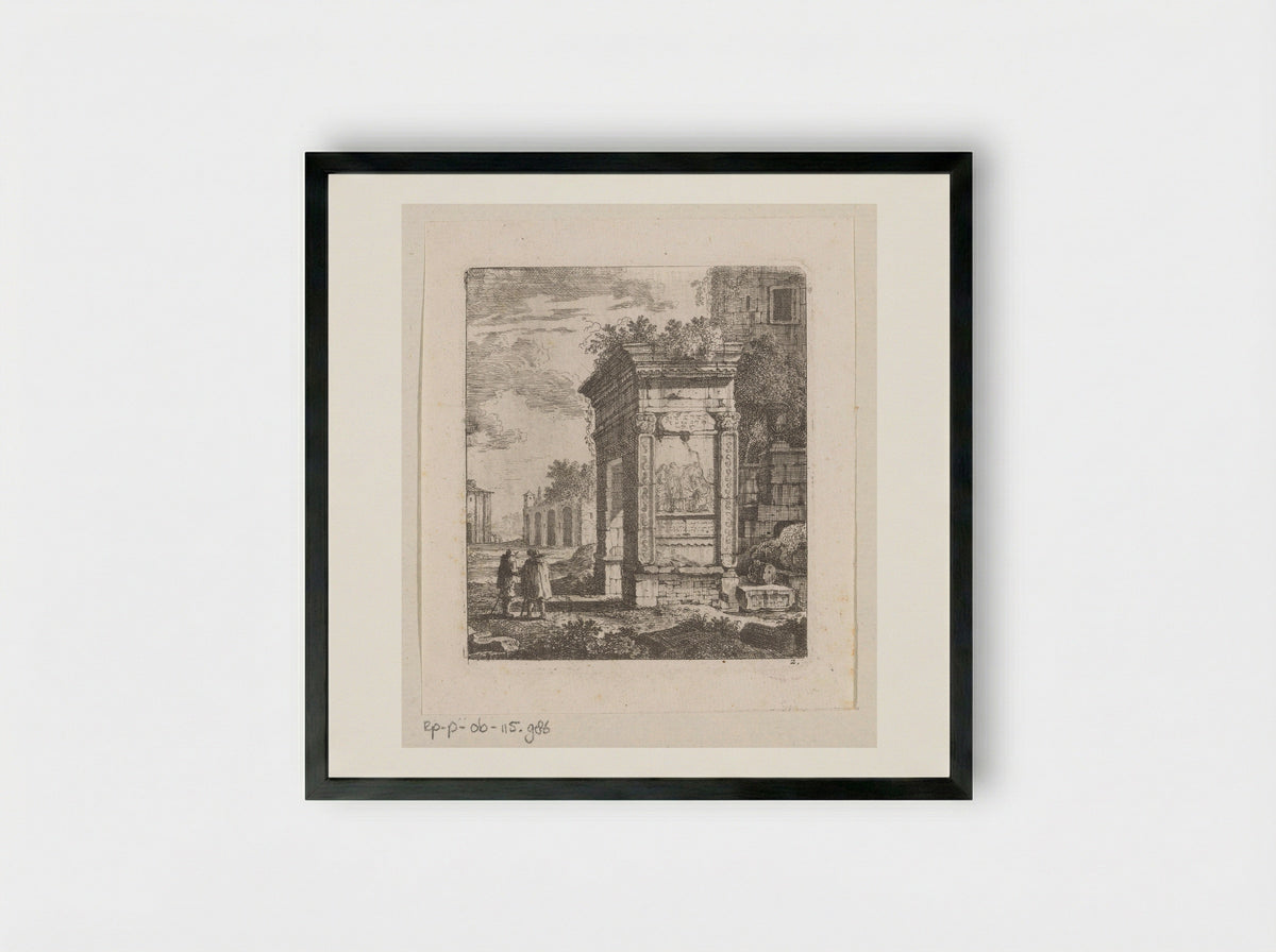 Two Men Beside the Ruins of a Gate in Rome - Johann Franz Ermels - Framed Print Black
