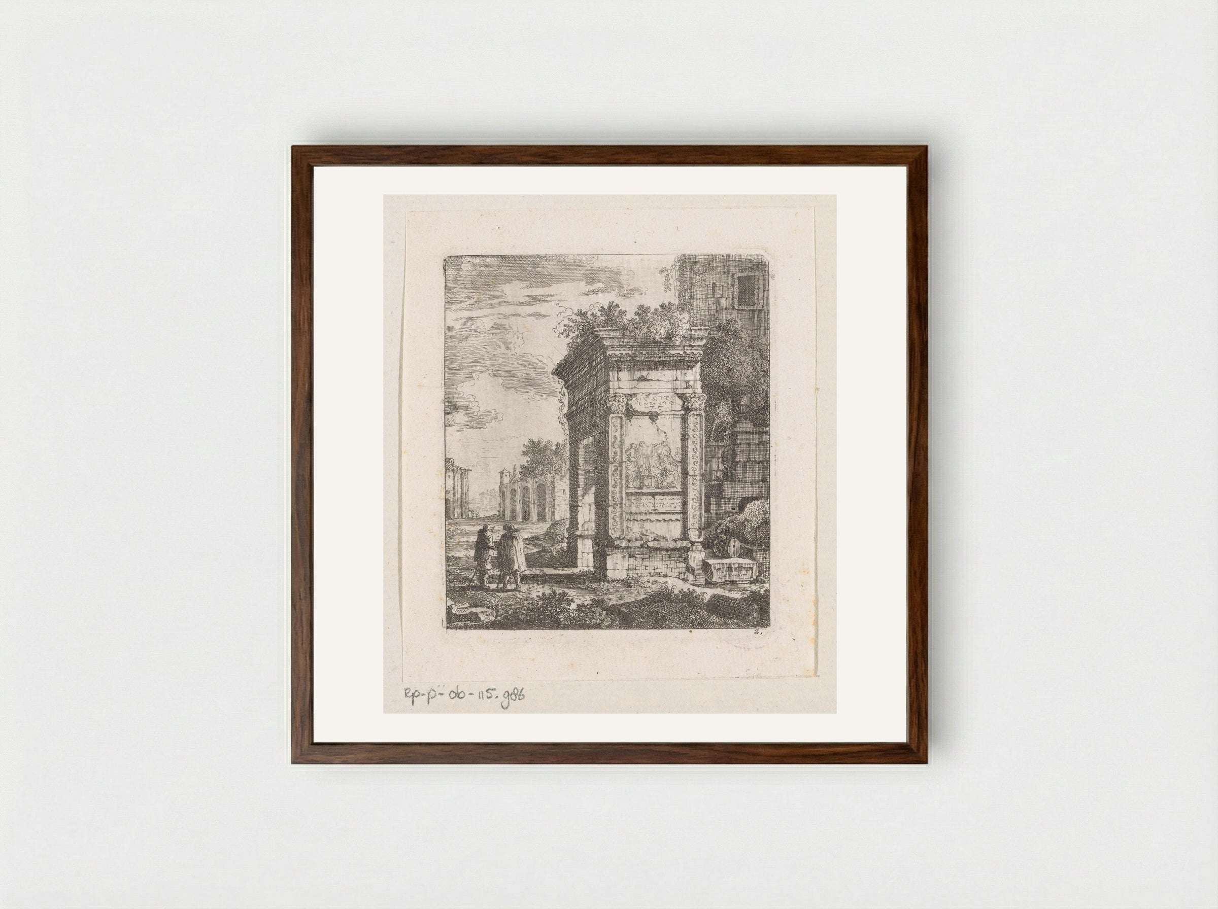 Two Men Beside the Ruins of a Gate in Rome - Johann Franz Ermels - Framed Print Dark Wood
