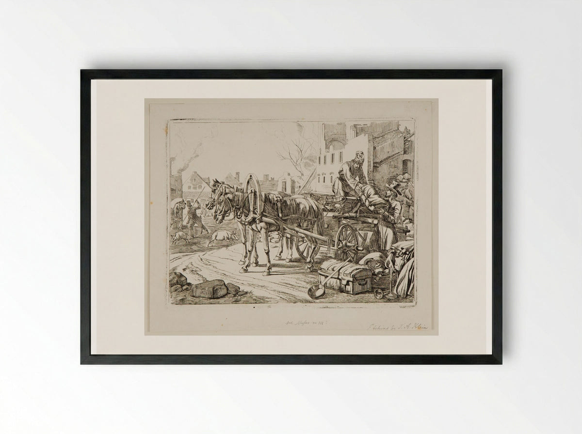 Two Men Loading a Wagon in the Street - Johann Adam Klein - Framed Print Black