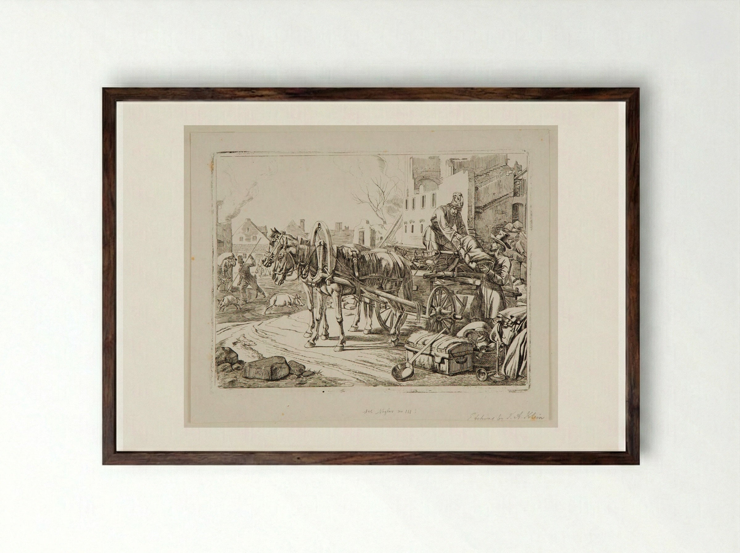 Two Men Loading a Wagon in the Street - Johann Adam Klein - Framed Print Dark Wood