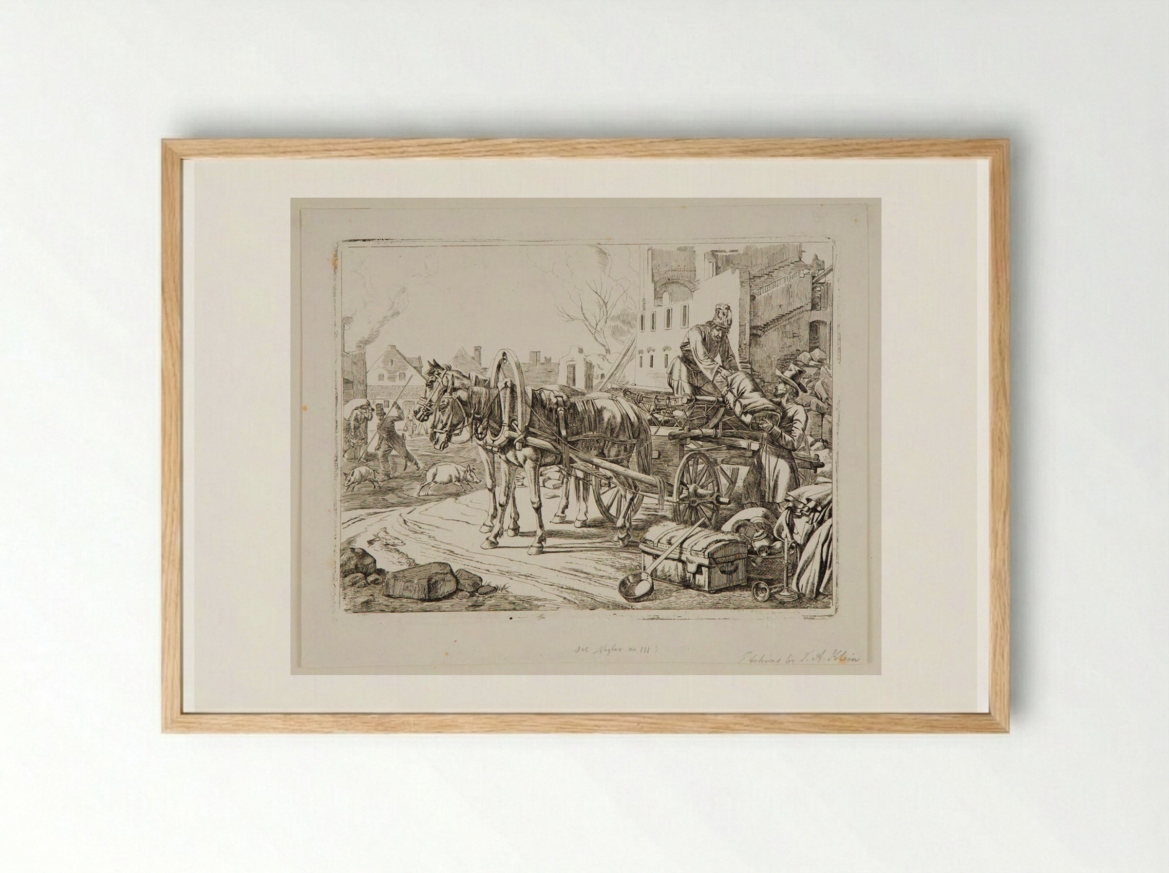 Two Men Loading a Wagon in the Street - Johann Adam Klein - Framed Print Wood