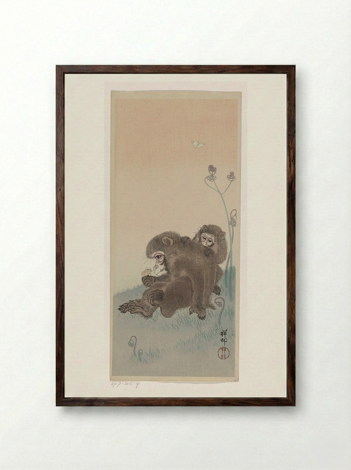 Two Monkeys with Butterfly - Ohara Koson - Framed Print Dark Wood
