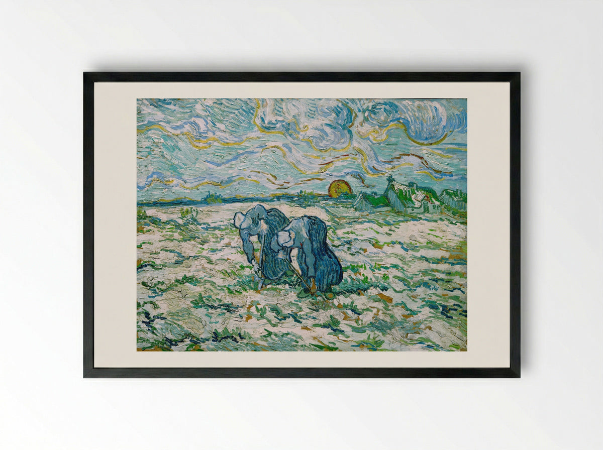Two Peasant Women Digging in Field with Snow - Vincent van Gogh - Framed Print Black