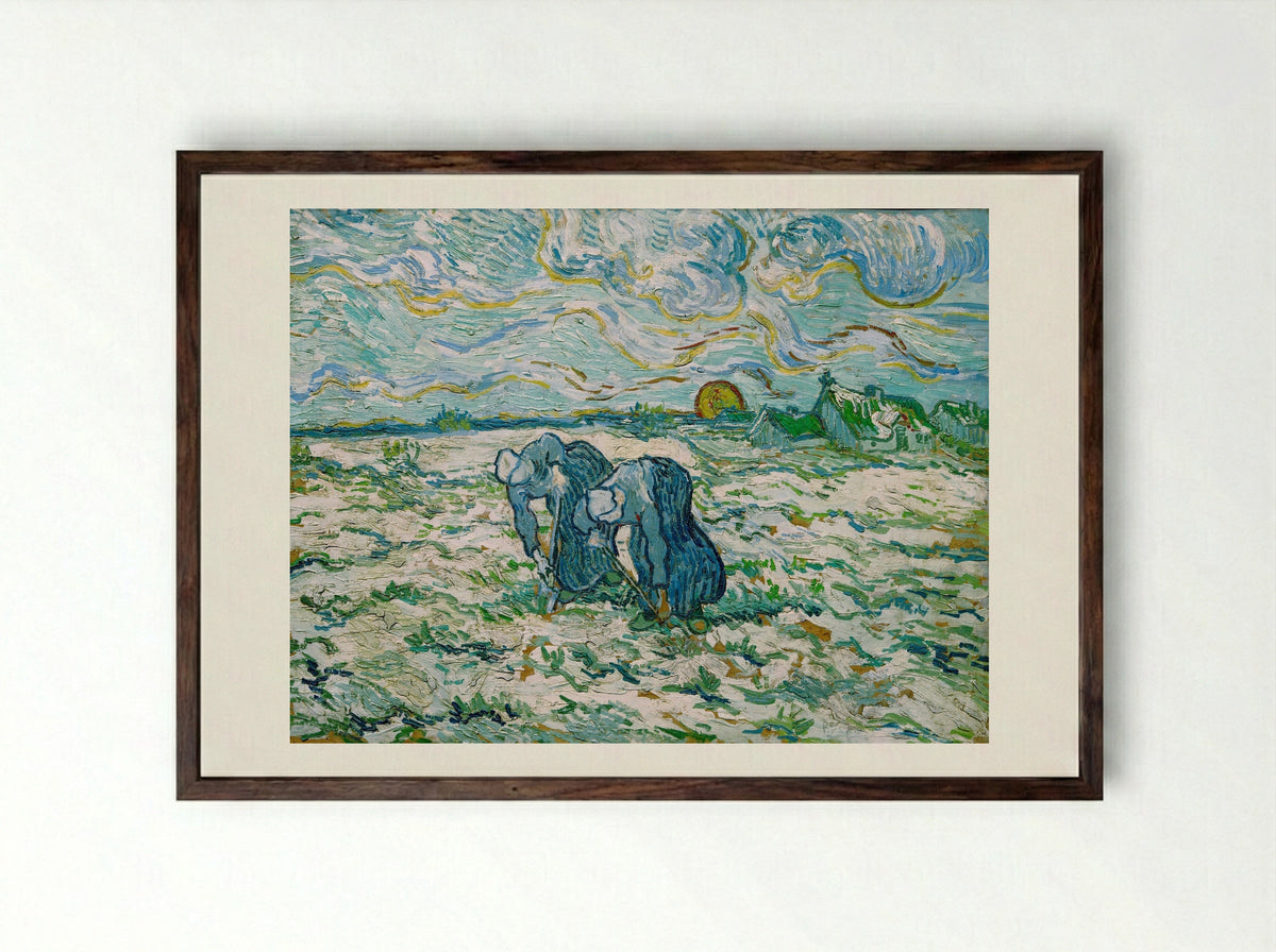 Two Peasant Women Digging in Field with Snow - Vincent van Gogh - Framed Print Dark Wood