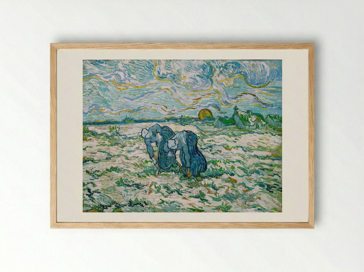 Two Peasant Women Digging in Field with Snow - Vincent van Gogh - Framed Print Wood
