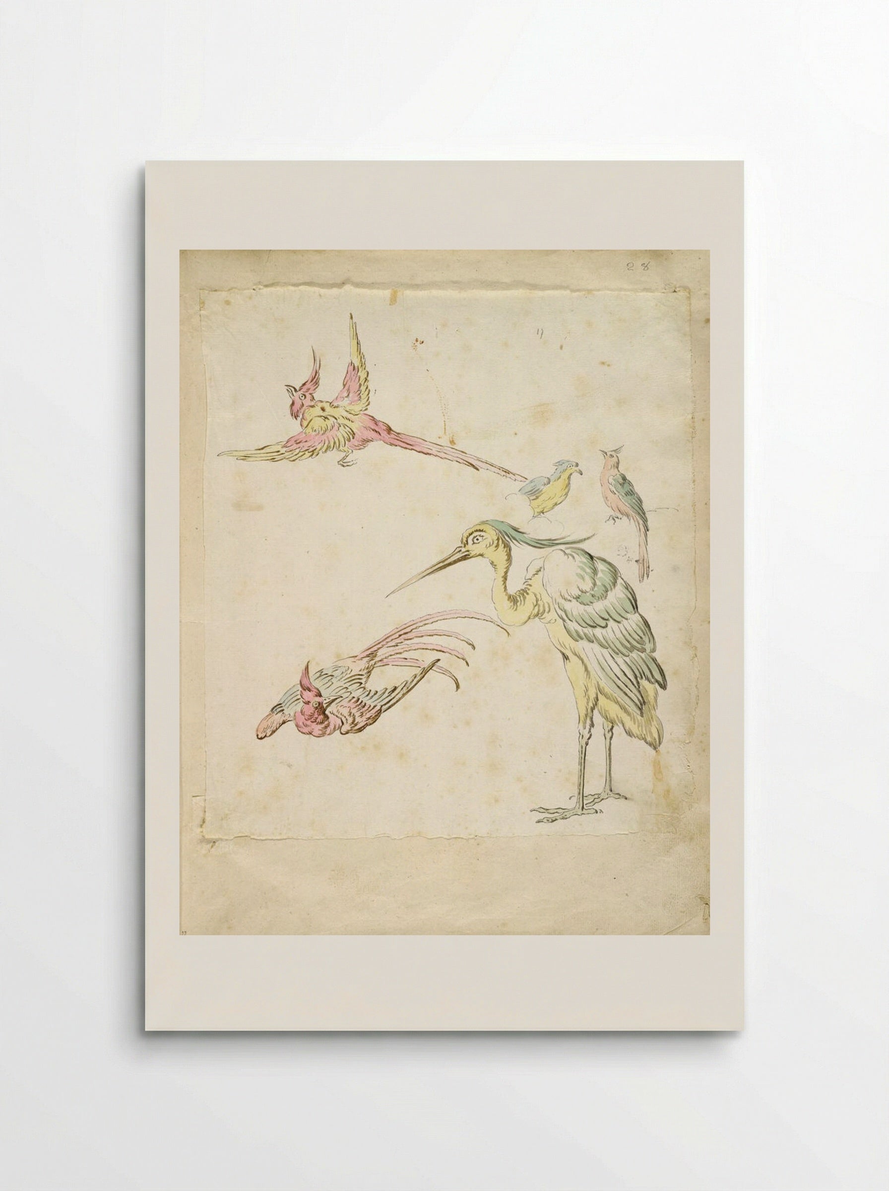 Two Pheasants in Flight, a Standing Heron and Two Small Birds - Jean-Baptiste Oudry - Poster