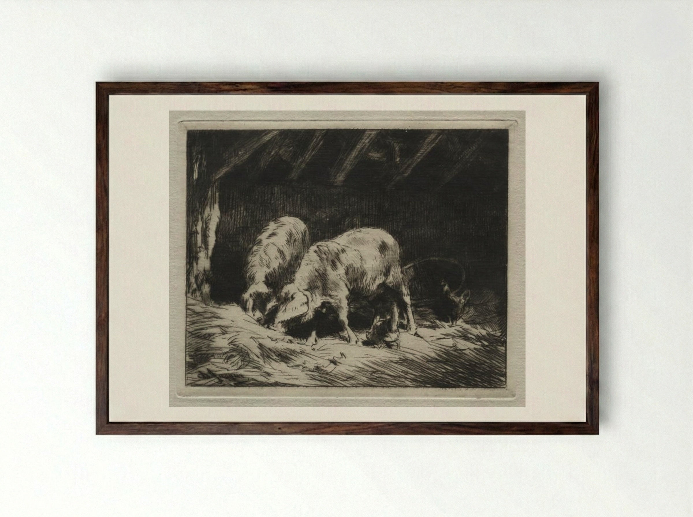 Two Pigs - Charles-Émile Jacque - Framed Print Dark Wood