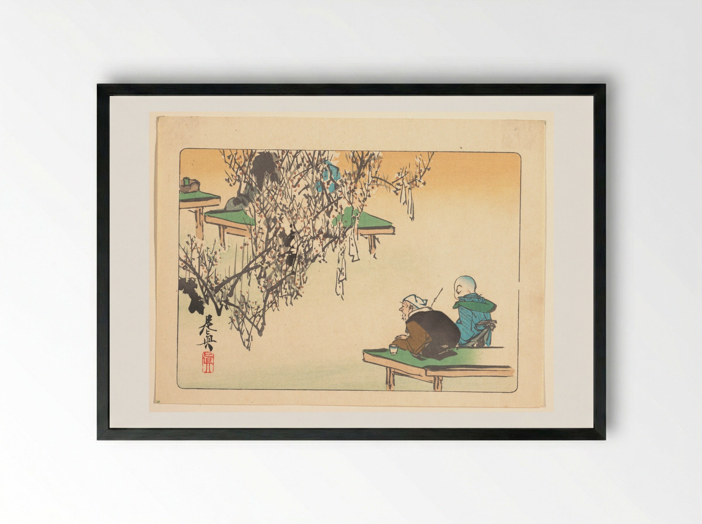 Two Pilgrims Gazing at a Tree Festooned with Prayers - Shibata Zeshin - Framed Print Black