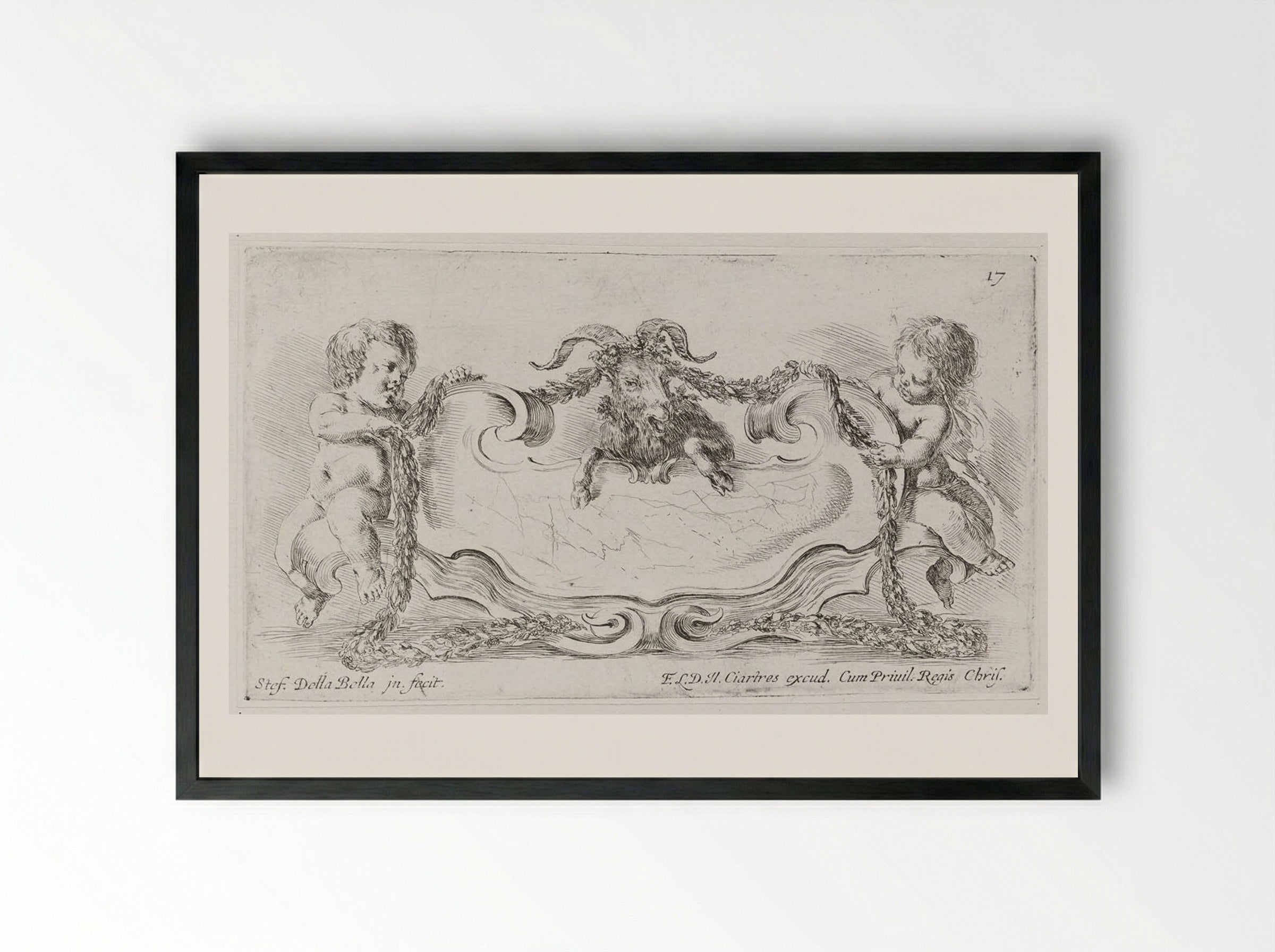 Two Putti Binding a Goat with Garlands - Stefano Della Bella - Framed Print Black