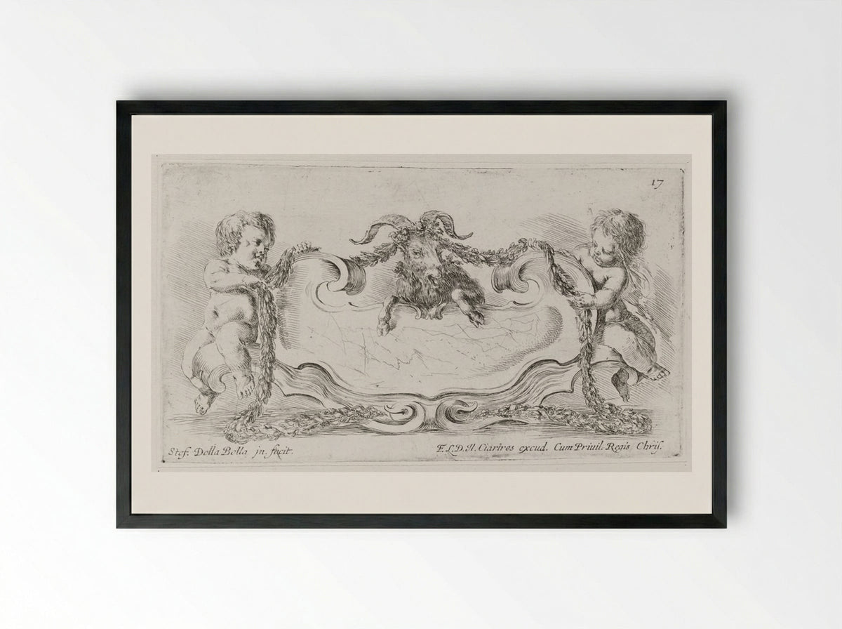 Two Putti Binding a Goat with Garlands - Stefano Della Bella - Framed Print Black