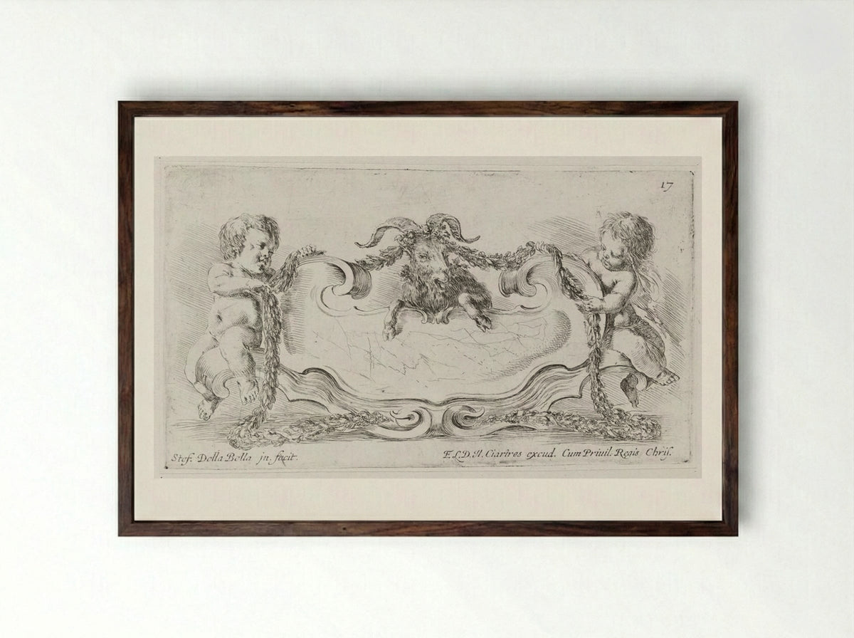 Two Putti Binding a Goat with Garlands - Stefano Della Bella - Framed Print Dark Wood