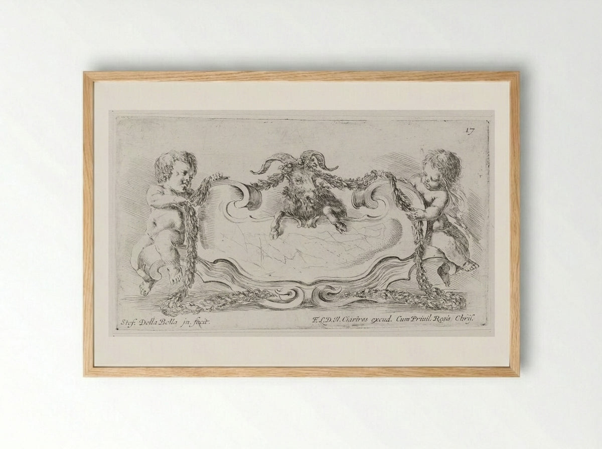 Two Putti Binding a Goat with Garlands - Stefano Della Bella - Framed Print Wood
