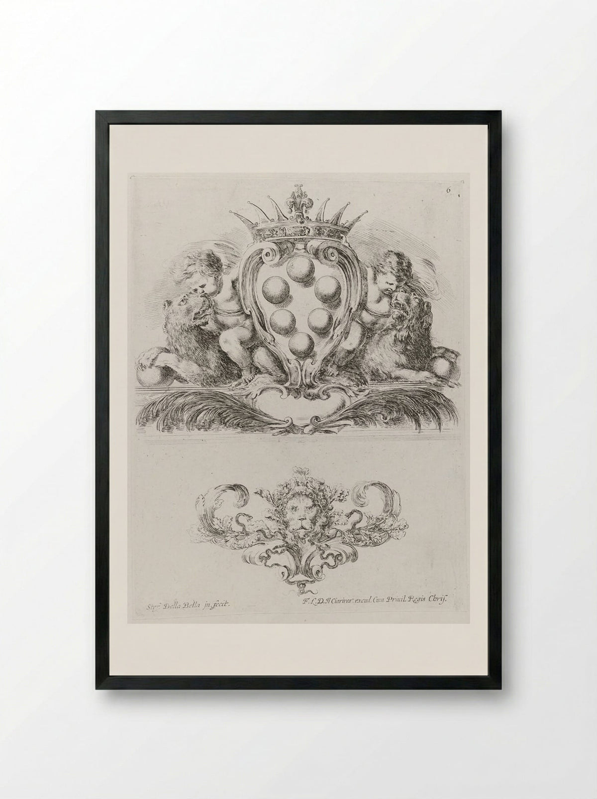 Two Putti Riding Lions Holding the Medici Coat of Arms - Stefano della Bella - Framed Print Black