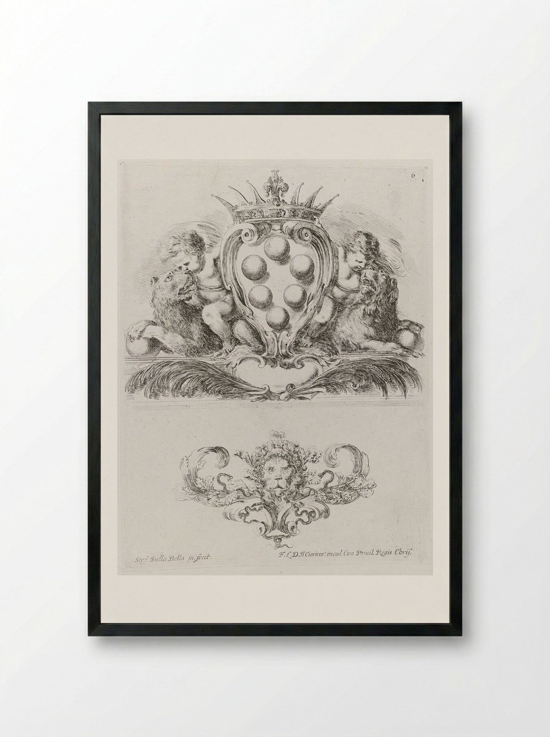 Two Putti Riding Lions Holding the Medici Coat of Arms - Stefano della Bella - Framed Print Black