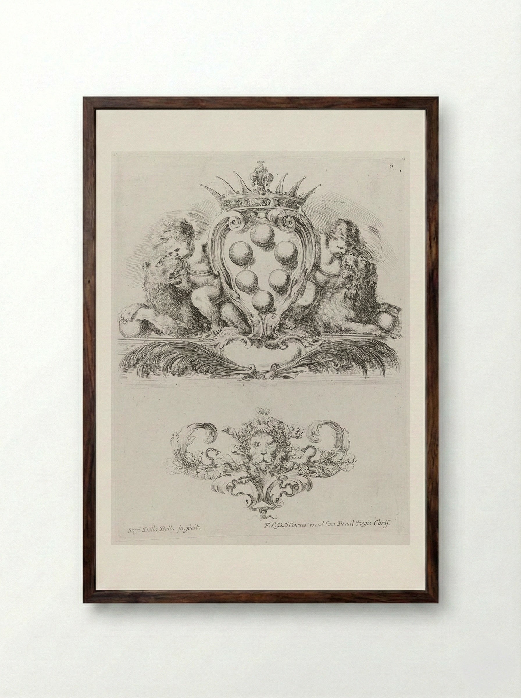 Two Putti Riding Lions Holding the Medici Coat of Arms - Stefano della Bella - Framed Print Dark Wood