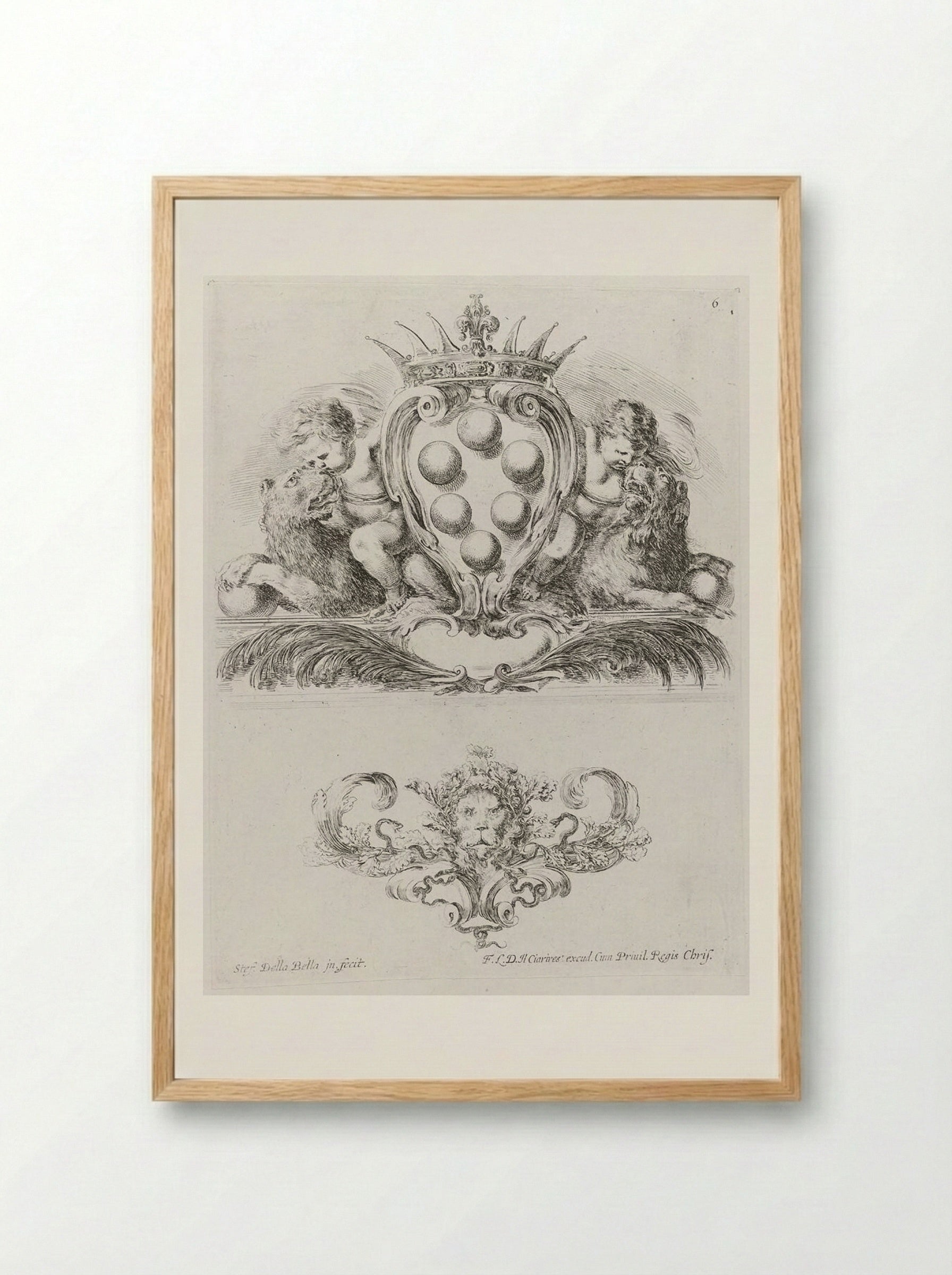 Two Putti Riding Lions Holding the Medici Coat of Arms - Stefano della Bella - Framed Print Wood