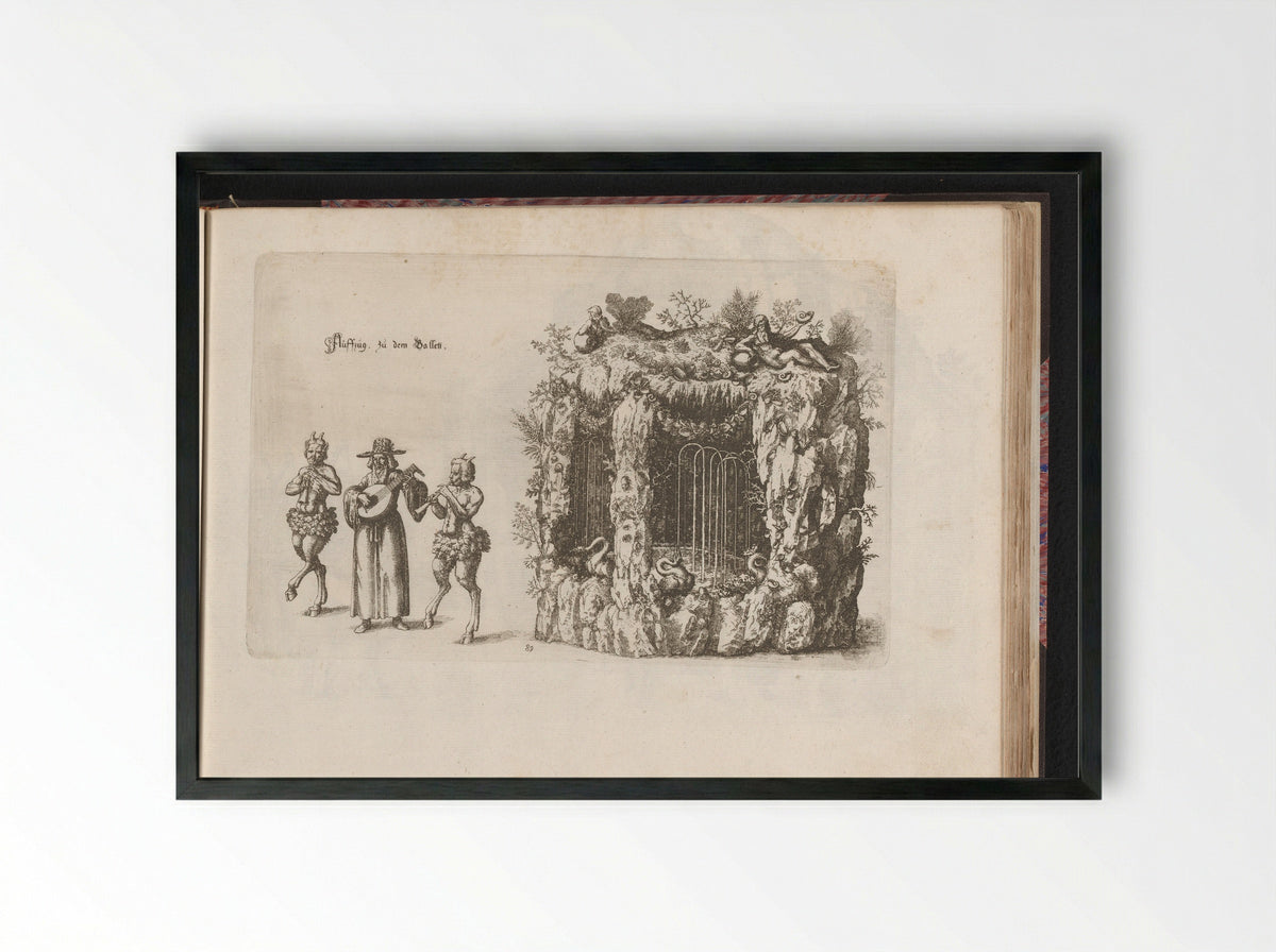 Two Satyrs and a Lute Player by a Grotto Fountain - Esaias van Hulsen - Framed Print Black