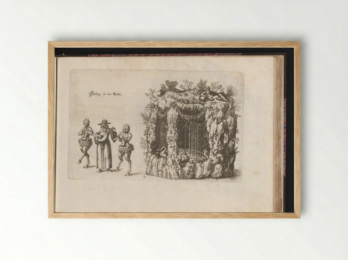 Two Satyrs and a Lute Player by a Grotto Fountain - Esaias van Hulsen - Framed Print Wood