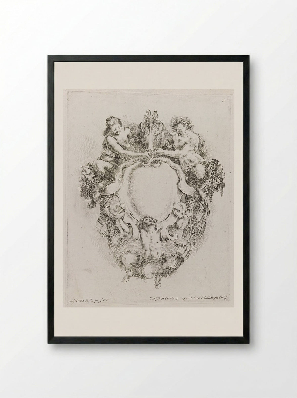 Two Satyrs and a Satyress, Pouring Wine - Stefano Della Bella - Framed Print Black