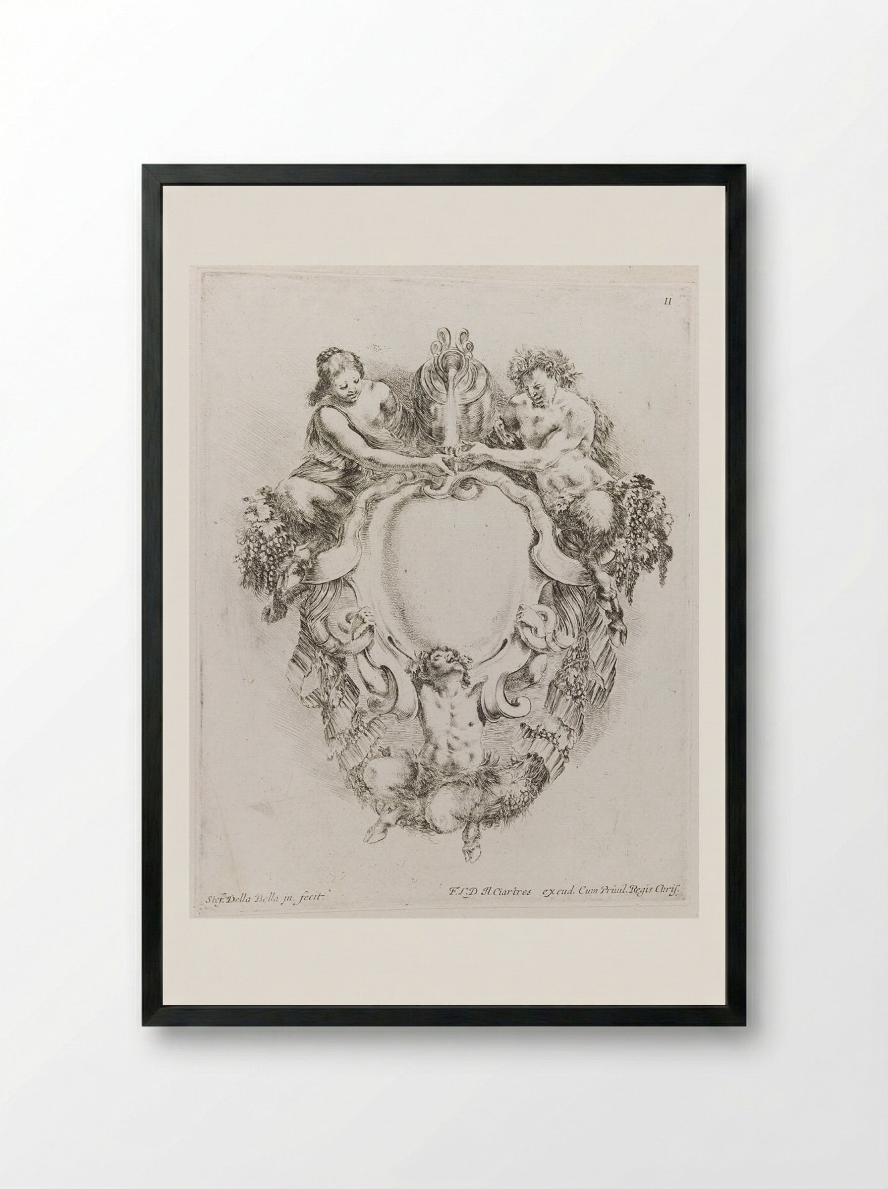 Two Satyrs and a Satyress, Pouring Wine - Stefano Della Bella - Framed Print Black