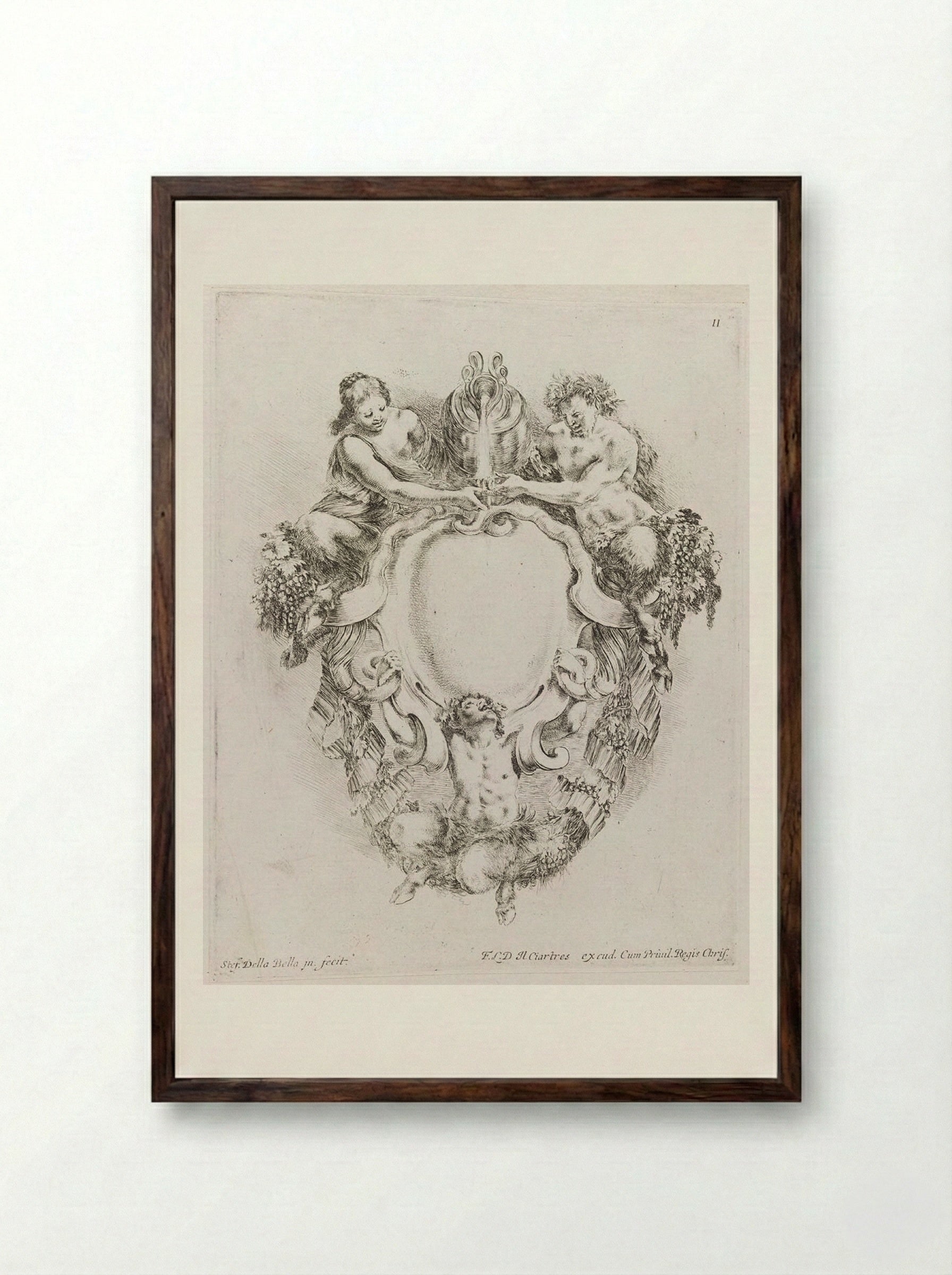 Two Satyrs and a Satyress, Pouring Wine - Stefano Della Bella - Framed Print Dark Wood