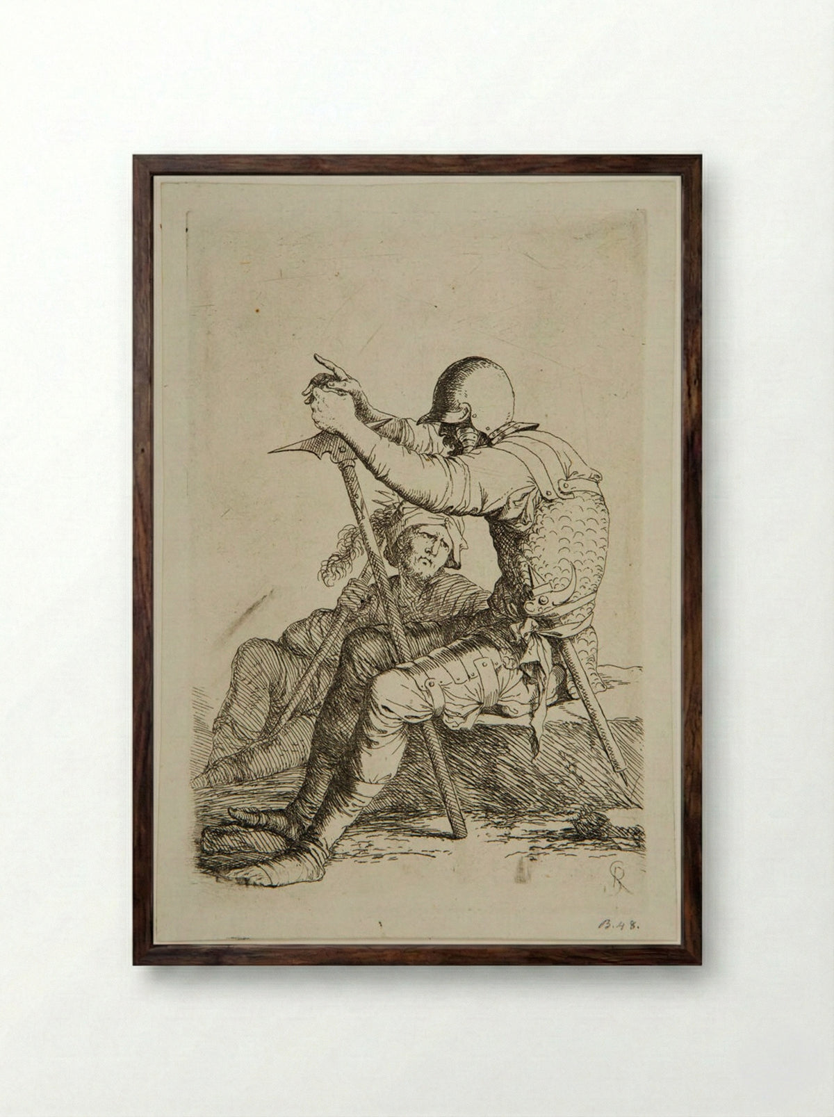Two Seated Soldiers - Salvator Rosa - Framed Print Dark Wood