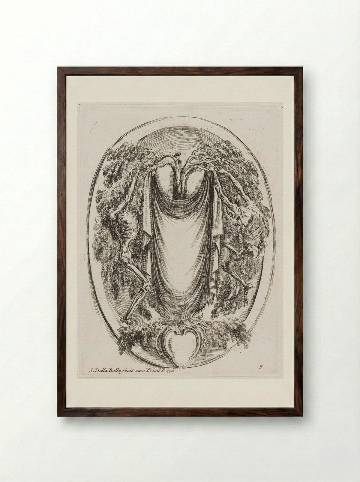 Two Skeletons Splitting Apart a Tree - Stefano Della Bella - Framed Print Dark Wood