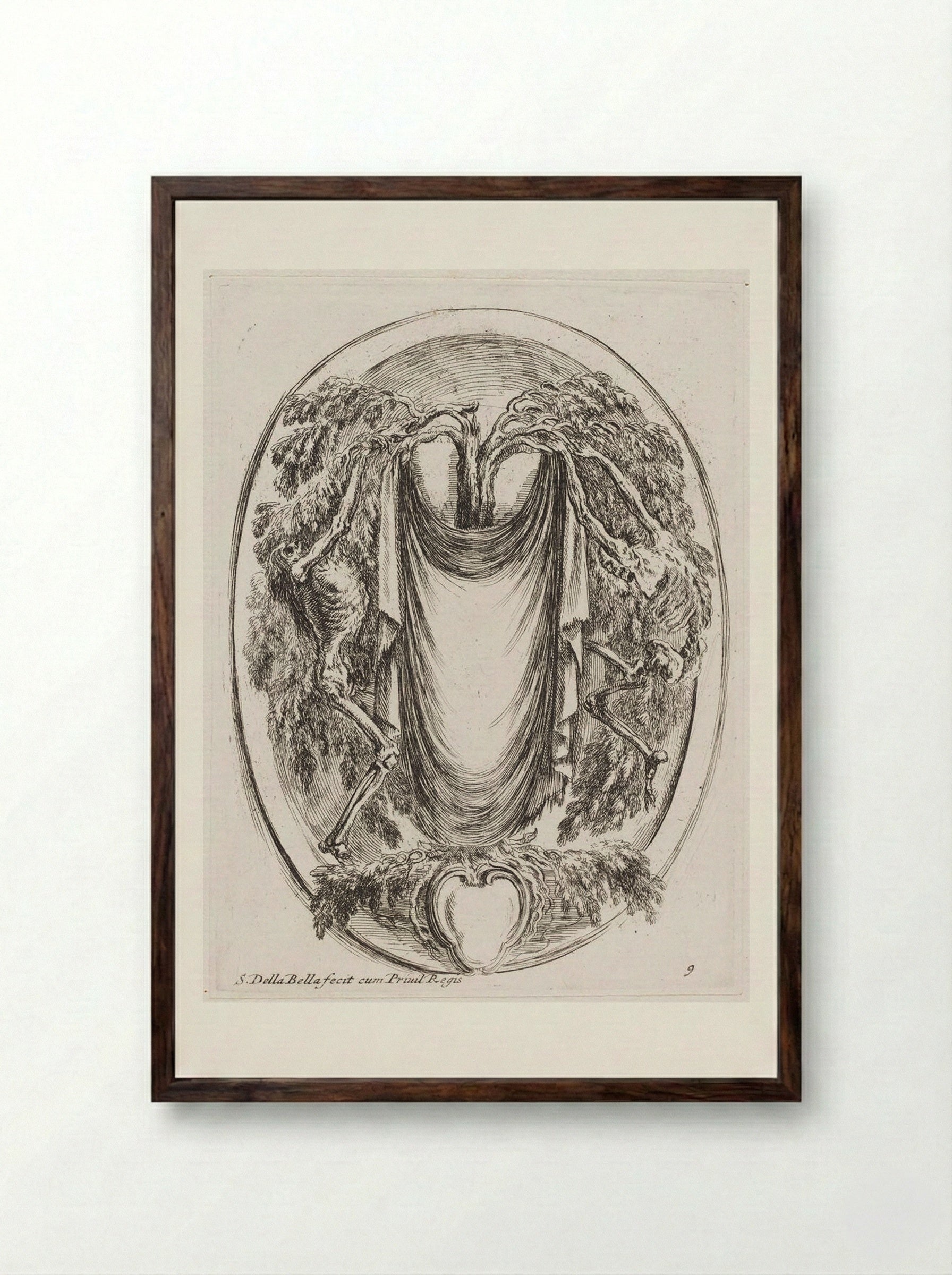 Two Skeletons Splitting Apart a Tree - Stefano Della Bella - Framed Print Dark Wood