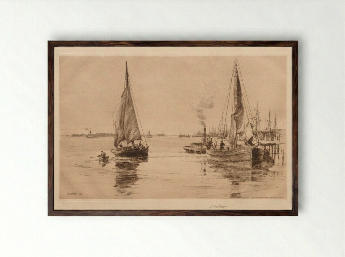 Two Sloops on the East River - Charles Adams Platt - Framed Print Dark Wood