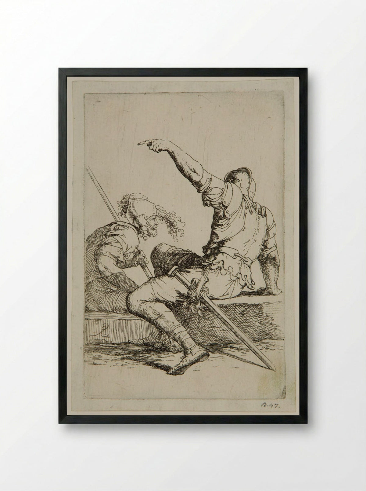 Two Soldiers Sitting in Conversation - Salvator Rosa - Framed Print Black