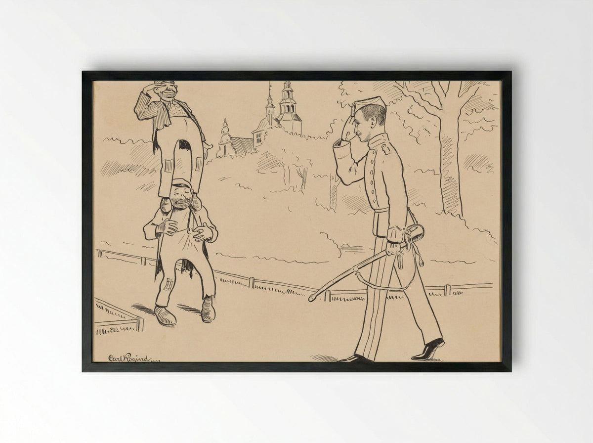 Two Tramps Standing on Each Other Greeting a Military Officer - Carl Frederik Lobeck Rögind - Framed Print Black