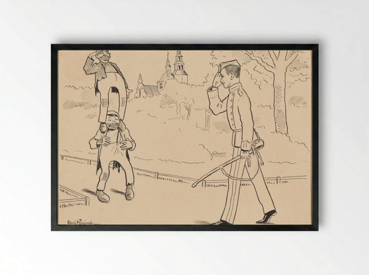 Two Tramps Standing on Each Other Greeting a Military Officer - Carl Frederik Lobeck Rögind - Framed Print Black