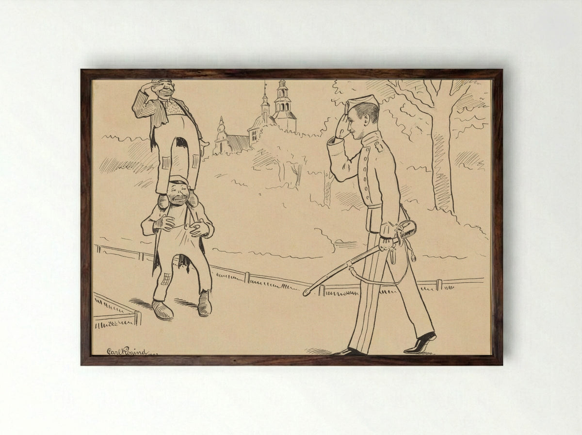 Two Tramps Standing on Each Other Greeting a Military Officer - Carl Frederik Lobeck Rögind - Framed Print Dark Wood