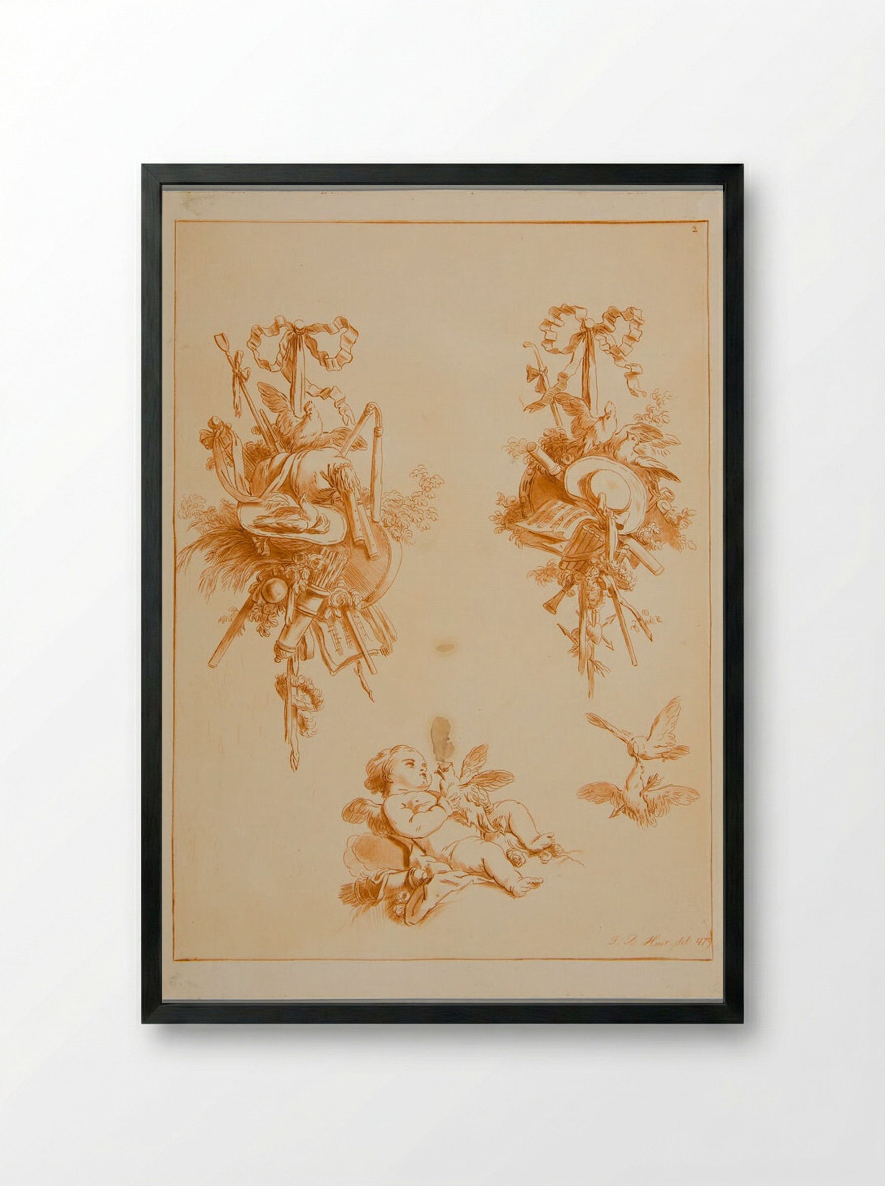 Two Trophies and a Putti with Doves - Jean-Baptiste Huet - Framed Print Black