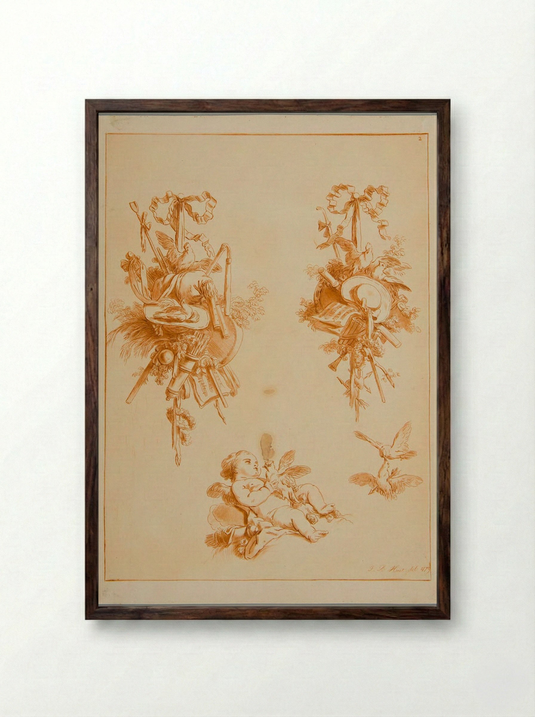 Two Trophies and a Putti with Doves - Jean-Baptiste Huet - Framed Print Dark Wood