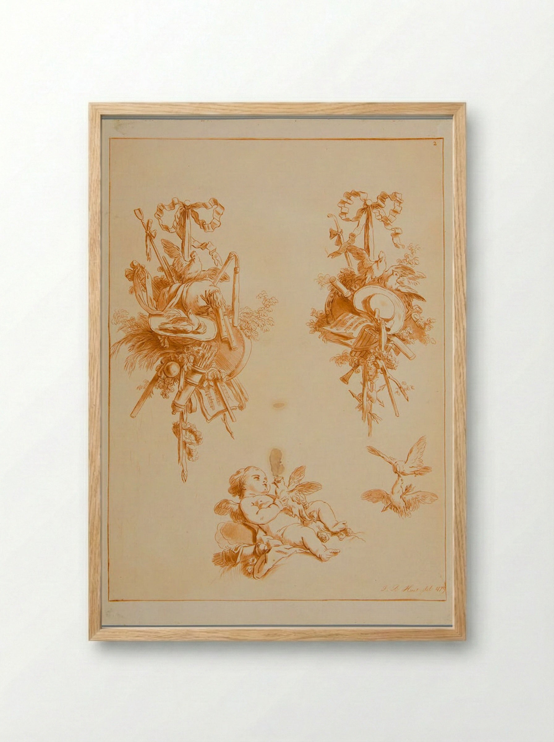 Two Trophies and a Putti with Doves - Jean-Baptiste Huet - Framed Print Wood