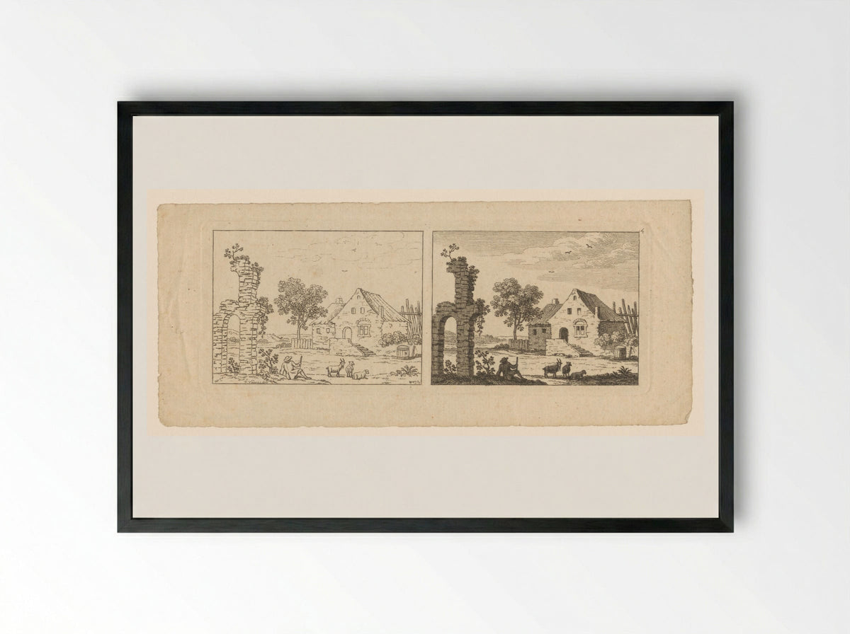 Two Views of a Farmstead and Ruin - François Vivares - Framed Print Black