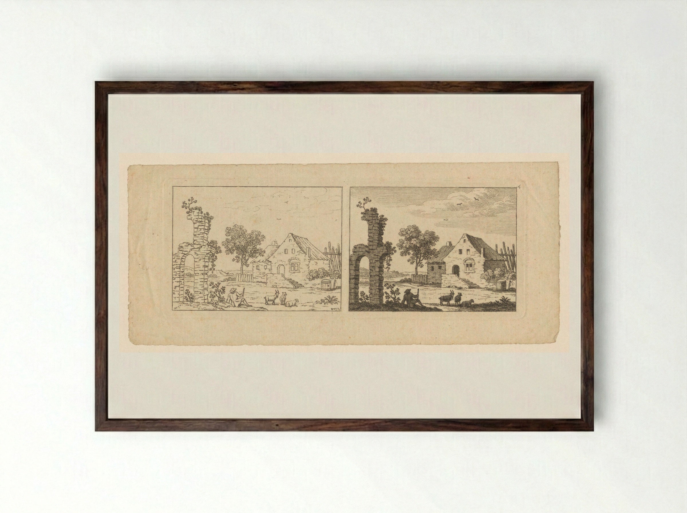 Two Views of a Farmstead and Ruin - François Vivares - Framed Print Dark Wood