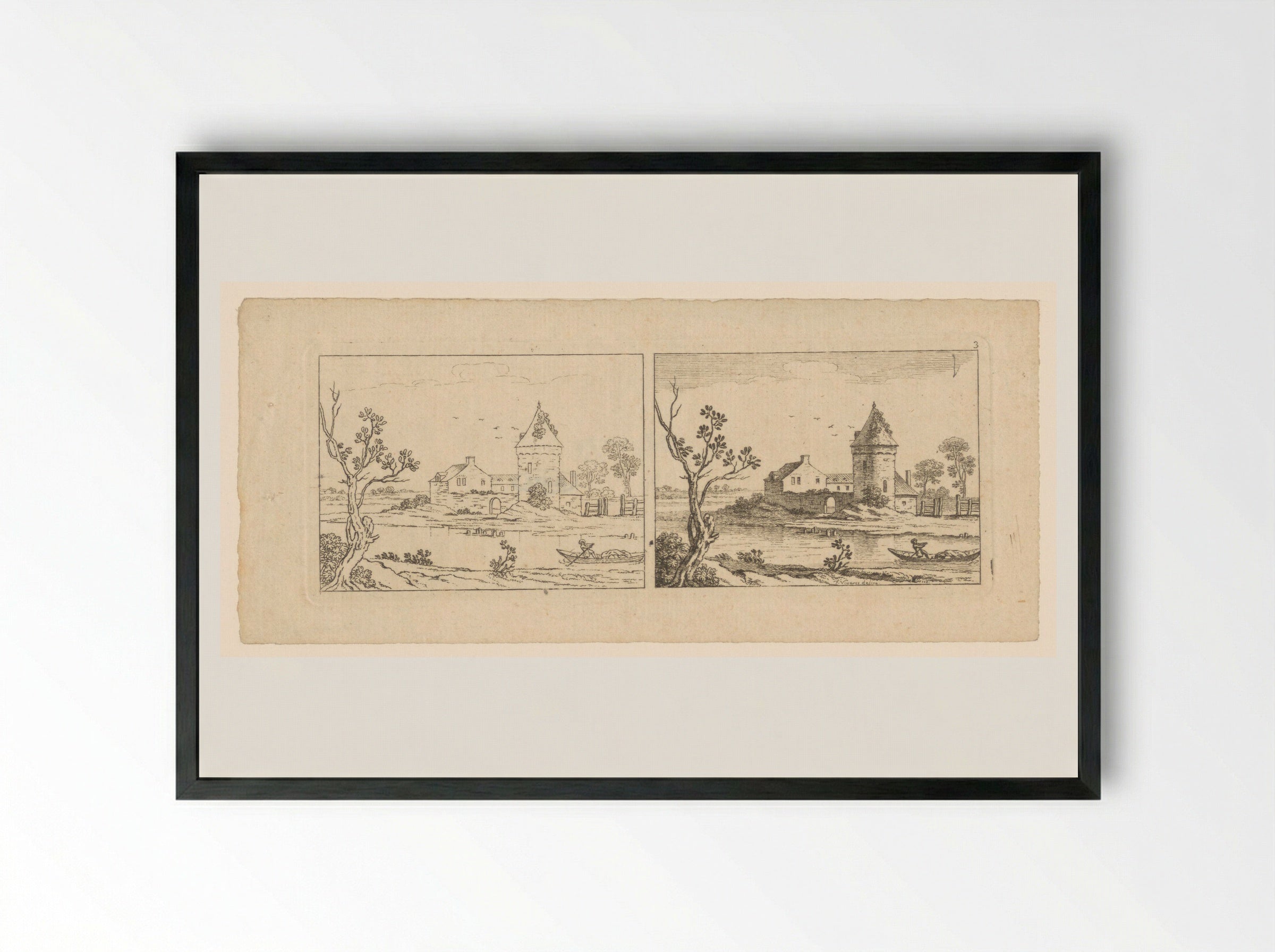 Two Views of a River Scene with a Tower - François Vivares - Framed Print Black