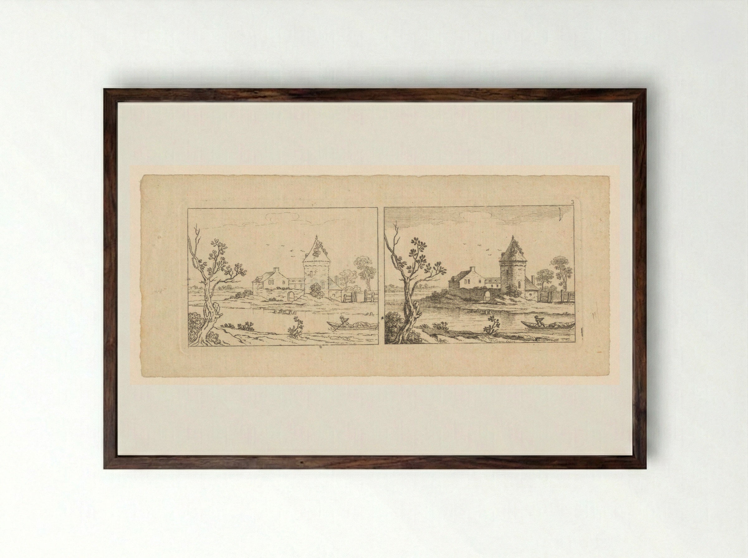 Two Views of a River Scene with a Tower - François Vivares - Framed Print Dark Wood