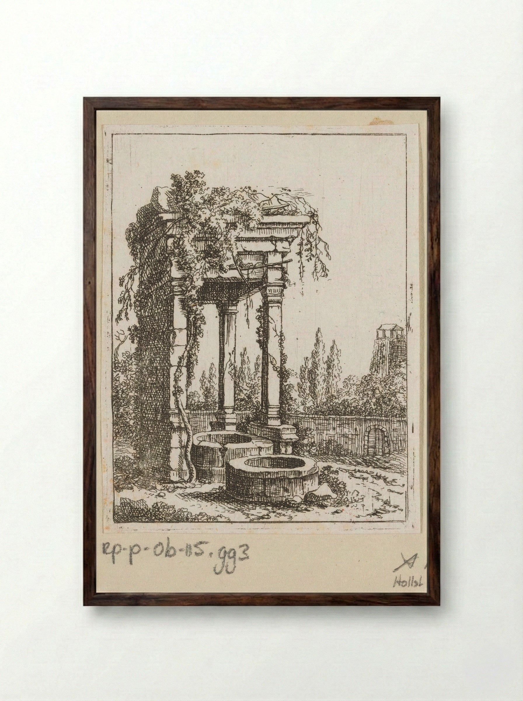 Two Wells Before a Ruined Portico - Johann Franz Ermels - Framed Print Dark Wood
